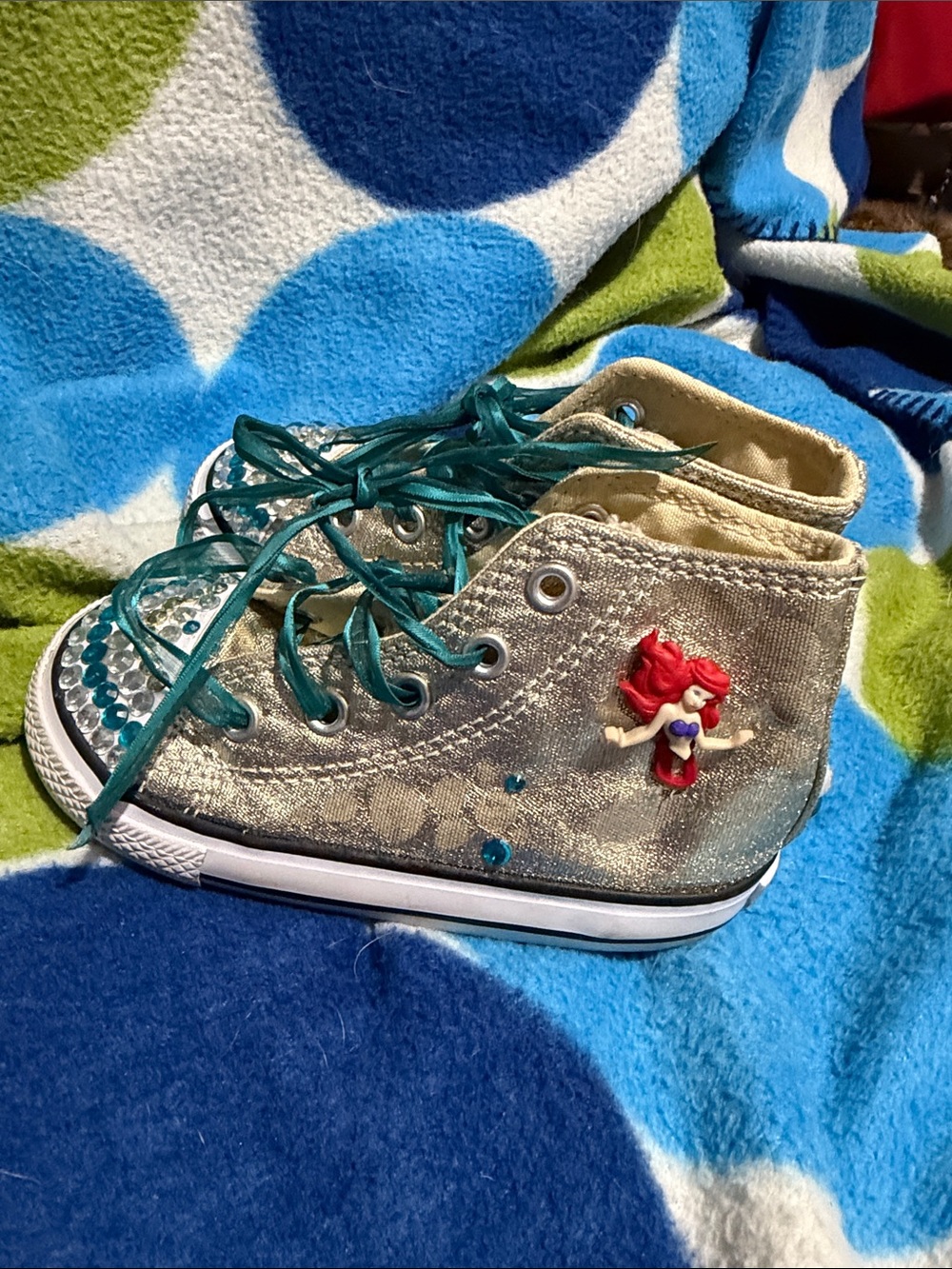 Girls Metallic Silver High-Top Sneakers with Teal Laces and Mermaid Charm